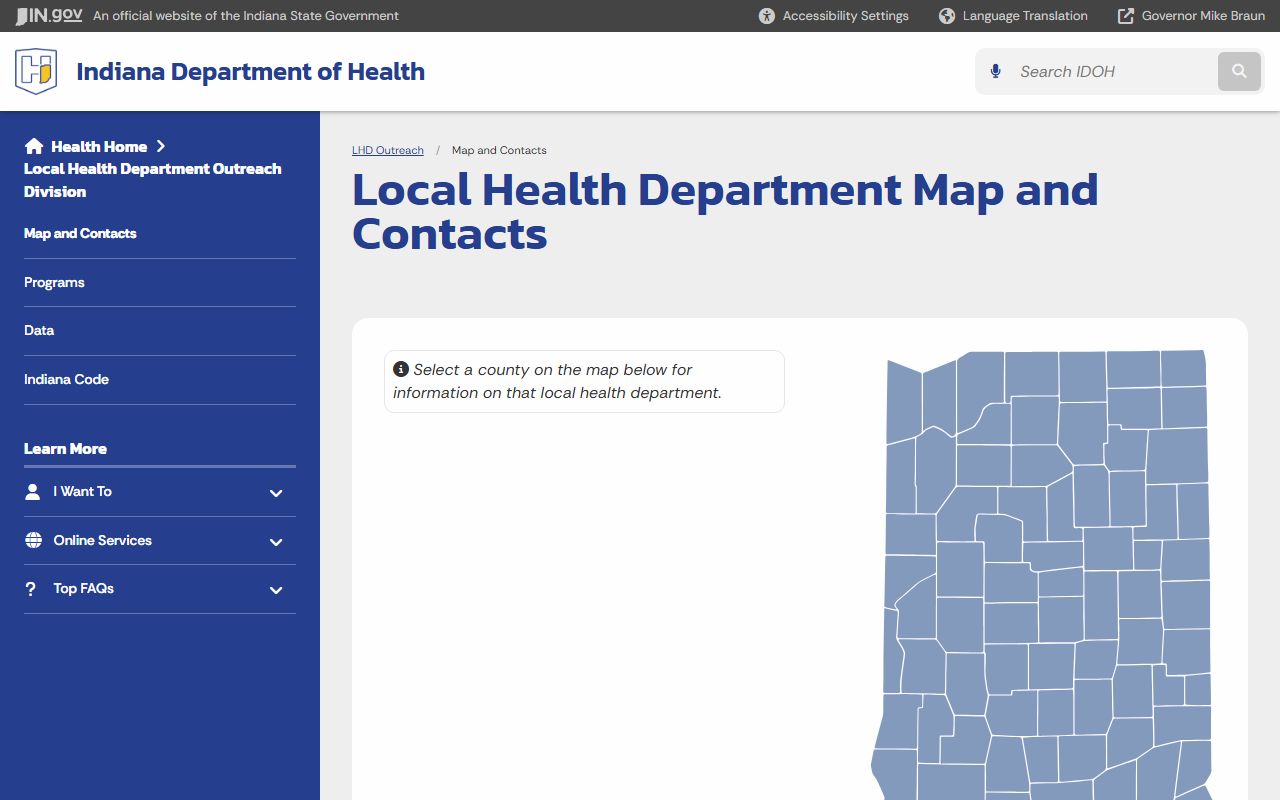Indiana local health department map showing locations for birth records